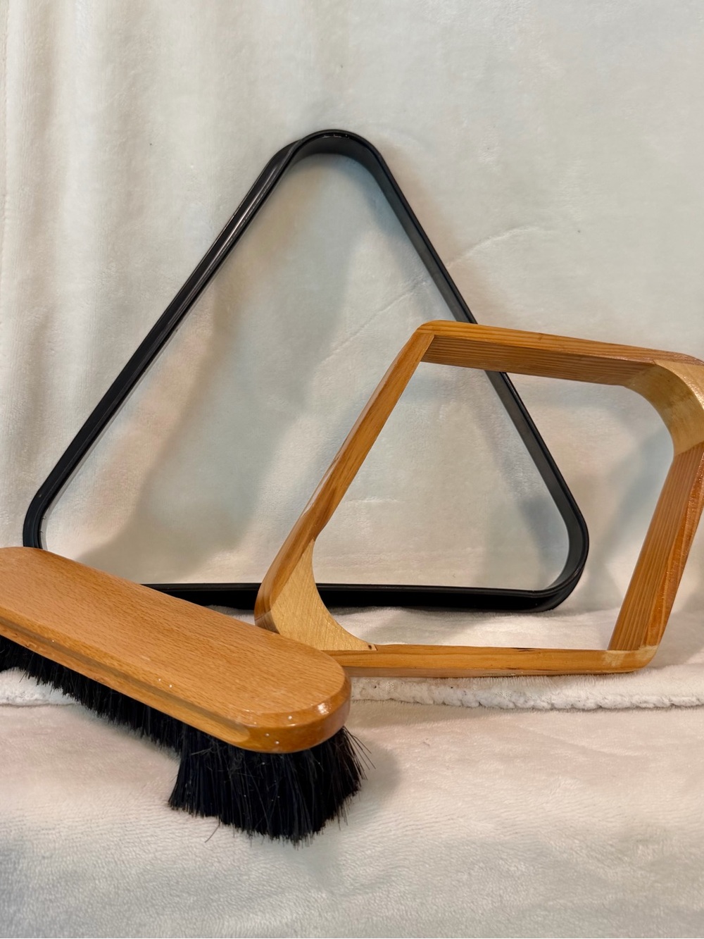 Set Of Pool Table Accessories Black Plastic Triangle, Wood 9 Ball Rack & Brush